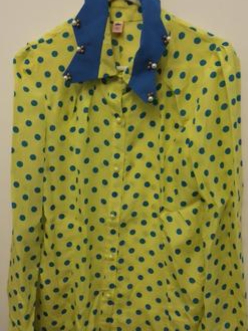 Women Polka Dot Button-Up Blouse in Lime & Teal Size Medium